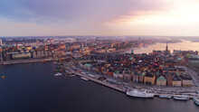 Aerial View Over Gamla Stan In Central Stockholm During Sunset, Sweden