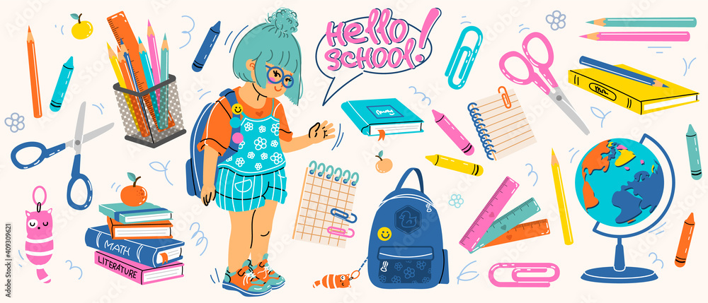 Big set of school supplies. Hello school lettering. Little cute girl is going to study. Children's subjects for study. Vector illustration in a flat style on a white background. All objects are isolat - obrazy, fototapety, plakaty 