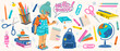 Big set of school supplies. Hello school lettering. Little cute girl is going to study. Children's subjects for study. Vector illustration in a flat style on a white background. All objects are isolat