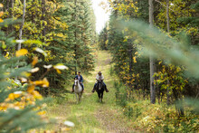 Women Friends Horseback Riding On Trail In Idyllic Autumn Woods