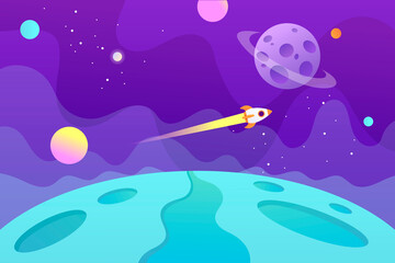 Wall Mural - Horizontal space background with flying spaceship and planets.  Web design. Space exploring. Vector childish cartoon illustration. EPS 10. 