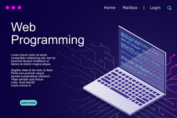 Wall Mural - Web programming vector isometric illustrations. web programming concept programming language program code big data processing on laptop screen. Vector illustration