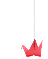 Wall Mural - origami red bird hanging with string white background