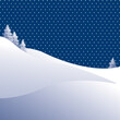 Winter landscape background, snowy hills, starlit sky, and evergreen trees.