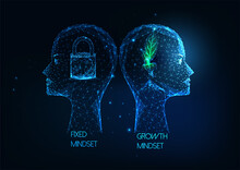 Futuristic Growth Mindset VS Fixed Mindset Concept With Low Poly Human Heads With Plant And Lock