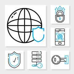 Canvas Print - global sphere and cyber security icon set, half line style