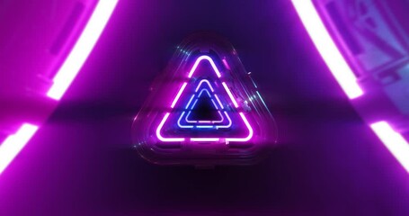 Wall Mural - futuristic glowing neon triangle tunnel looped background. bright colourful abstract tech motion gra