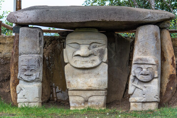 Stone sculpture or anthropomorphic statue from ancient pre-hispanic indigenous cultures in the Archeological park of San Agustin. Zoomorphic design