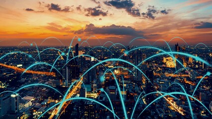 Wall Mural - Smart digital city with globalization abstract graphic showing connection network . Concept of future 5G smart wireless digital city and social media networking systems .