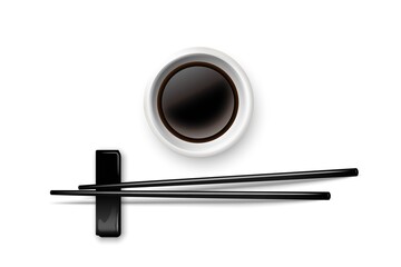 Sushi chopsticks and soy sauce in bowl. Chinese or Japanese cuisine elements for eating vector illustration. Black wooden pair of sticks and plate with soya on white background