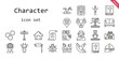 © NinjaStudio - character icon set. line icon style. character related icons such as aristotle, sofa, bible, makeup remover wipes, news report, tax, ladybug, dinner, friends, home, robot, phantom,