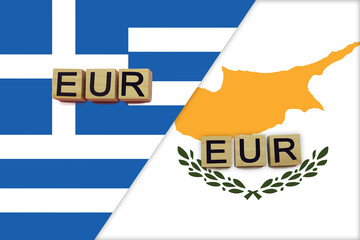 Greece and Cyprus currencies codes on national flags background