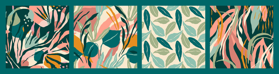 Abstract collection of seamless patterns with tropiclal leaves . Vector design