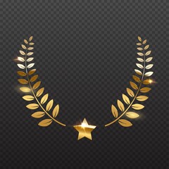 Wall Mural - Award star and golden laurel. Gold prize elements on transparent background. Champion glory in competition vector illustration. Hollywood fame in film and cinema or championship in sport