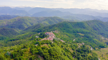 Carrodano Superiore, Italy. Province of La Spezia. Mountain wooded landscape. View from above, Aerial View