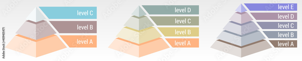 Simple 3d pyramid made of three, four or five thick layers, space for text right, infographics element - obrazy, fototapety, plakaty 