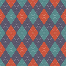 Argyle Pattern Geometric Design In Orange, Purple, Green. Traditional Vector Argyll Background For Gift Wrapping, Socks, Sweater, Jumper, Or Other Modern Autumn Winter Textile.