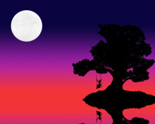 Silhouette Of A Big Tree And A Woman On A Swing Against The Background Of The Evening Sky With Stars And Moon