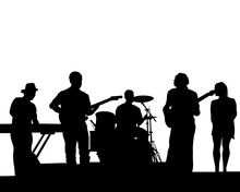 Rock Band Musicians On Stage. Isolated Silhouettes On A White Background