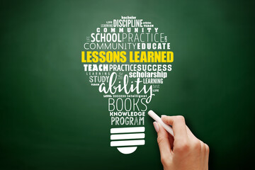 Wall Mural - lessons learned light bulb word cloud collage, education concept on blackboard