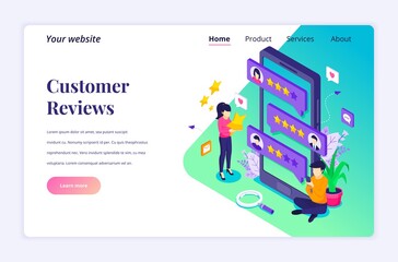 Wall Mural - Isometric landing page design concept of Customer reviews concept, People near big smartphone giving feedback. Customers evaluating a product or service. vector illustration