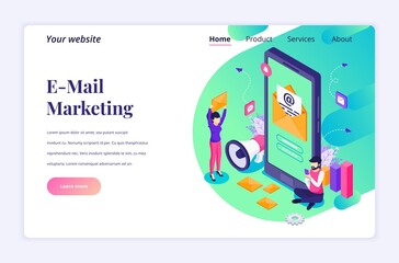 Wall Mural - Isometric landing page design concept of Email marketing services with a man sitting near a giant smartphone. vector illustration