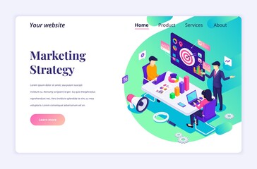 Wall Mural - isometric landing page design concept of marketing strategy with business people in meeting or discu