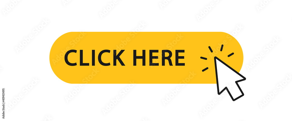 Click here button with arrow pointer clicking icon. Click here vector web button. Web button with action of arrow pointer. Click here, UI button concept. Vector illustration - obrazy, fototapety, plakaty 