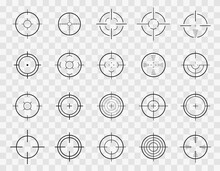 Set Of Target And Aim, Targeting And Aiming. Creative Vector Illustration Of Crosshairs Icon Set Isolated On Transparent Background. Focus Sniper, Sight Military For Shoot. Vector Illustration