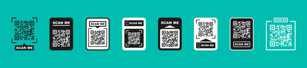 QR code scan for smartphone. Qr code frame vector set. Template scan me Qr code for smartphone. QR code for mobile app, payment and phone. Scan me phone tag. Vector illustration.