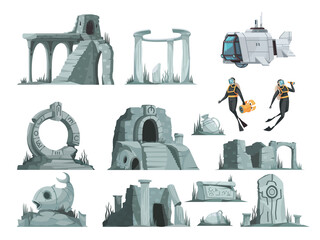 Atlantis Ruins Cartoon Set