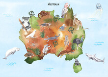 Australian Map Watercolor. Australian Animals. Nursery Wall Art, Printable Poster, Classroom Poster, Educational Wall Decor. Kids, Baby Shower Gift. Watercolor Animals.