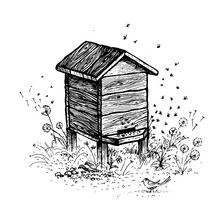Bee Hive, Drawing. A Collection Of Farm Products.