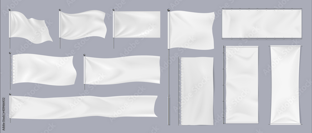 Realistic textile banners. 3D blank waving cotton flags. Empty fabric signboards for advertising. White canvas hanging on chrome stand. Horizontal or vertical pennants for brand identity, vector set - obrazy, fototapety, plakaty 