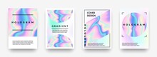Pearlescent Posters. Abstract Holographic Rainbow Metal Gradient, Violet And Pink Hologram Geometric Shapes. Vector Iridescent Effect 90s Mesh Horizontal Minimalist Background Set With Copy Space