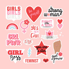 sticker set with girl power slogans and feminist quotes