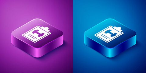 Isometric Sport training program or fitness plan icon isolated on blue and purple background. Square button. Vector.