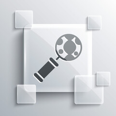 Grey DNA research, search icon isolated on grey background. Magnifying glass and dna chain. Genetic engineering, cloning, paternity testing. Square glass panels. Vector.