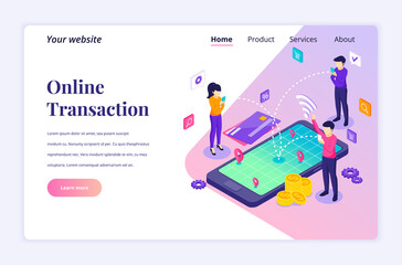 Wall Mural - isometric landing page design concept of online transaction. people using mobile phone are making mo