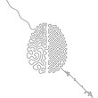 Human brain vs artificial intelligence continuous line drawing concept, Ai and organic brain hemispheres wired together, single line neurointerface icon, humanity and machines interconnection