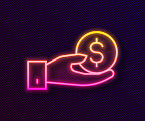 Canvas Print - Glowing neon line Human hand giving money icon isolated on black background. Receiving money icon. Vector.