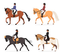 Set Of Young Horsewoman At Racecourse. Professional Equestrian Competition, Dressage Performance. Woman Riding Horse At Tourney. Female Jockey At Racehorse. Vector Illustration Isolated On White.