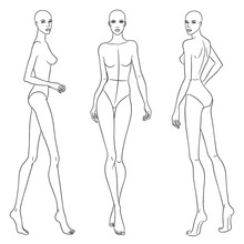Fashion Models Walking On The Podium. Nine Head Fashion Figure Templates.   Beautiful Slim Women Sketch, Vector Illustration.