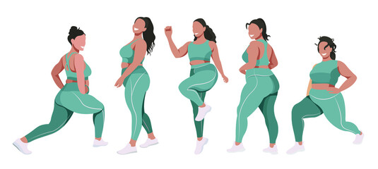 vector flat illustration on the topic of body positivity and physical activity. a group of healthy girls of natural beauty in leggings and sports bras are engaged in fitness. each figure is isolated.