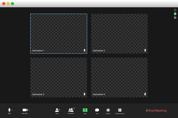 Video conferencing user interface. Video call screen interface template. Application for social communication. Video conferencing window overlay. Four users.