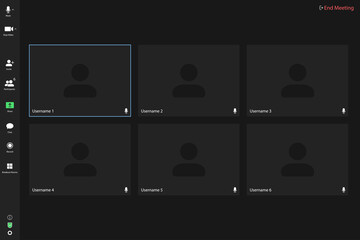 Video conferencing user interface. Video call screen interface template. Application for social communication. Video conferencing window overlay. six users.