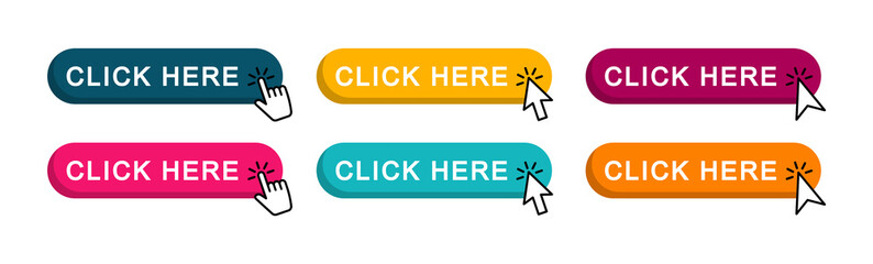 Wall Mural - click here web buttons. set of action button click here with arrow pointer. vector illustration.
