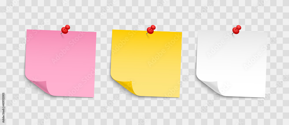Colored sheets of note papers with push pin. Collection of sticky notes with curl and shadow. Realistic paper stickers for your message. Design element for advertising and promotional. - obrazy, fototapety, plakaty 
