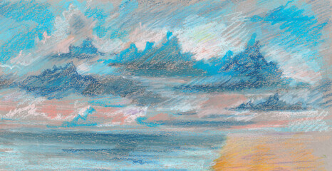 Seascape with clouds at sunset made by hand with crayons. Oil pastels, the image of clouds, water surface and the coast.