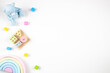 Baby kids toys frame on white background. Top view. Flat lay. Copy space for text